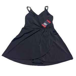 Lands' End Swim Dress Womens XS Wrap One Piece Swimsuit Black Padded bra NWT